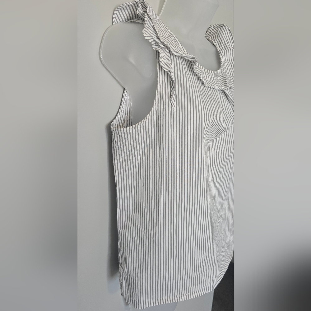 J Crew Flutter Top Womens 10 Gray White Striped Ruffle Poplin Shirt - Picture 7 of 9